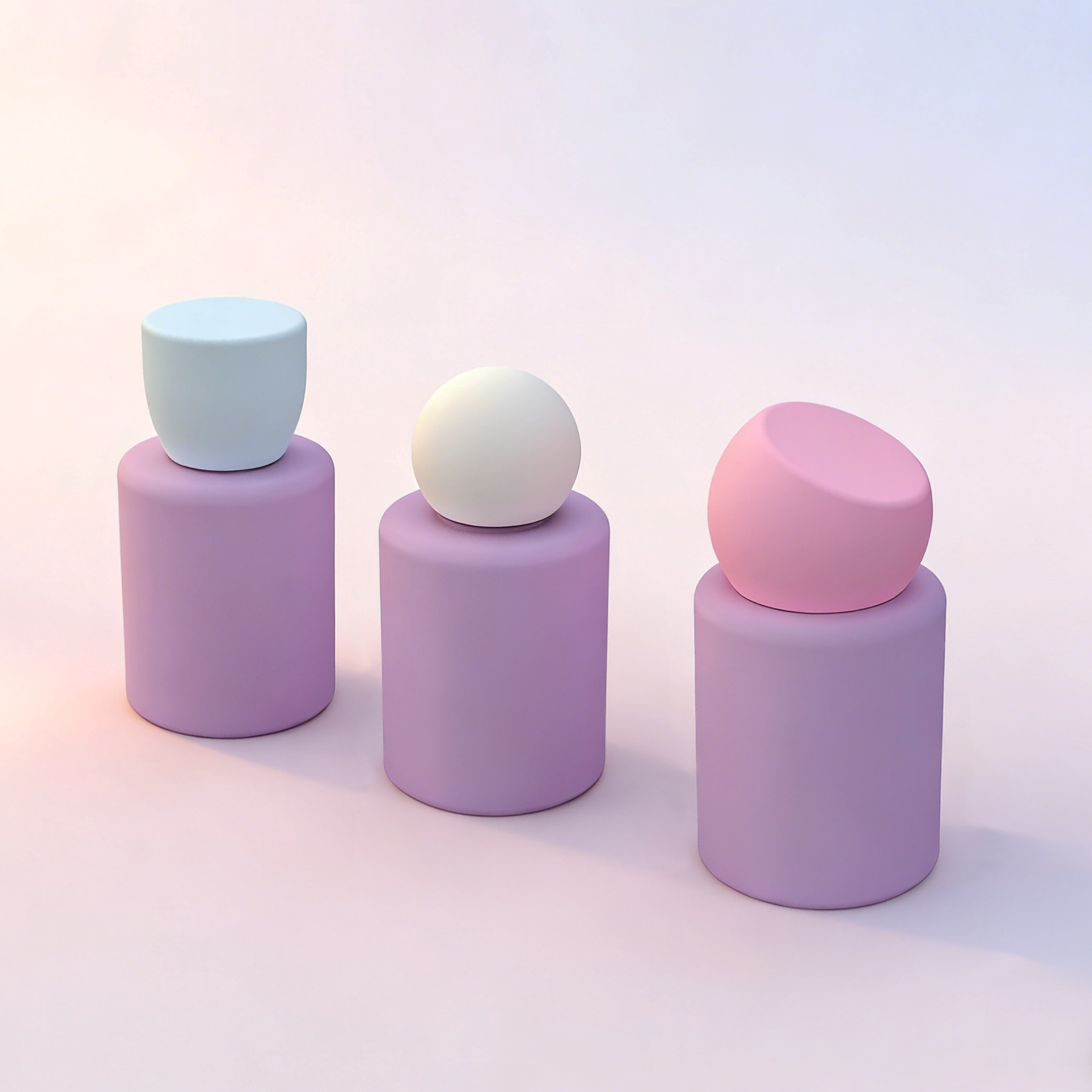 Matte short cylindrical spray bottle with interchangeable multi-style decorative caps, mix-and-match replacement lids empty refillable skincare mist container